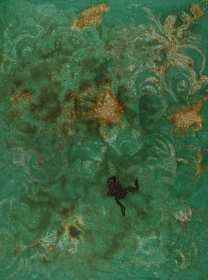2018, 60x80 cm, Acryl+Wandfarbe+Fliederbeersaft+Waschpulver+mumifizierte Kröte auf Leinwand