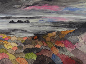 Tyrrhenisches Meer, 2018, 80x60 cm, Acryl+Wandfarbe+1 Stein terra rossa auf Leinwand