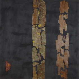 Baum, 2018, 100x100 cm, Acryl+Wandfarbe+Sand+Baumrinde+Metall auf Leinwand